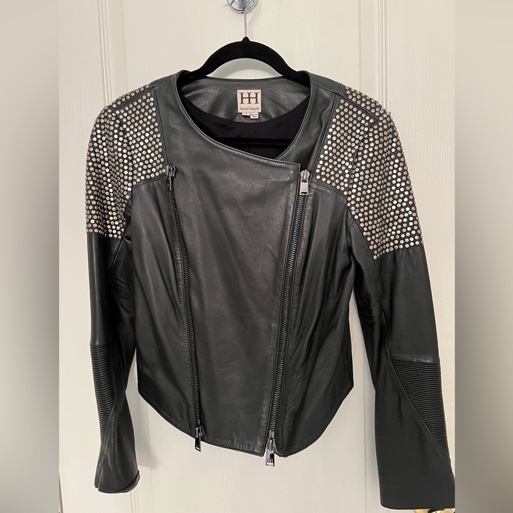 Haute Hippie Lambskin Leather Jacket 
w/ Studded Embellished Shoulders Sz Small
